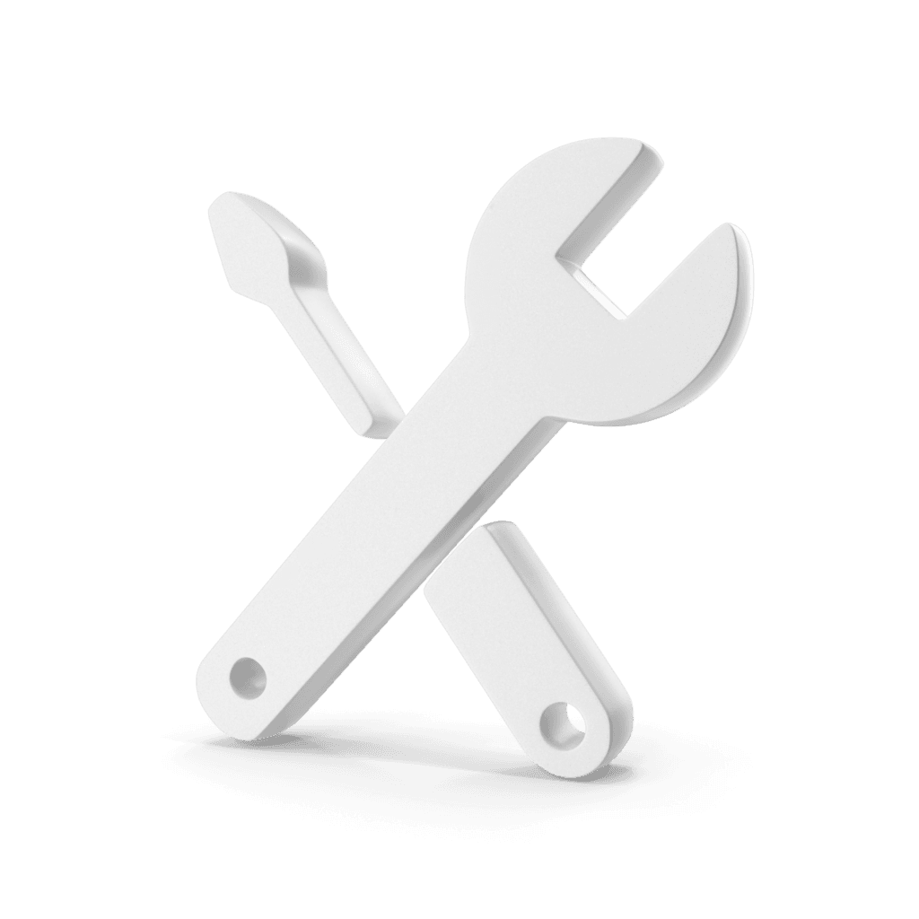 White 3D crossed spanner and wrench maintenance tools icon on grey background