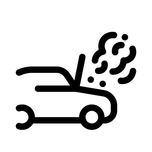 Black broken engine icon with car bonnet open and smoke rising