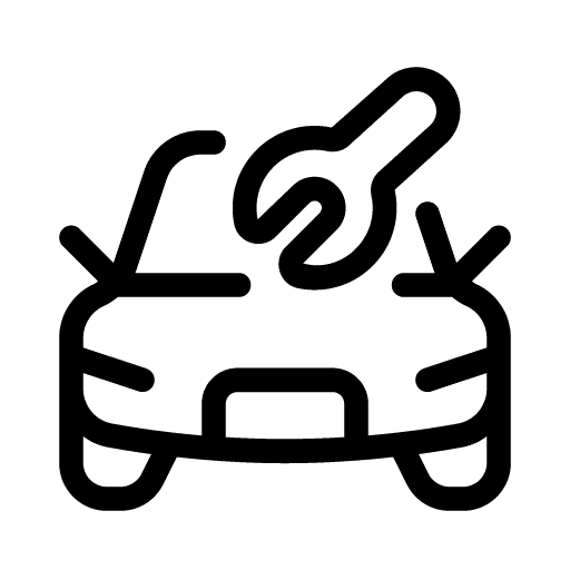 Black car with bonnet open and wrench icon representing car repair service